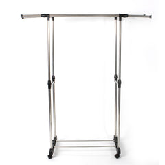 HAOYYE Dual-Bar Clothes Rack with Shoe Shelf, Adjustable Height and Width, Space-Saving Design, Modern Silver Finish, Durable and Versatile Garment Organizer for Bedroom, Entryway, Laundry Room, or Walk-In Closet