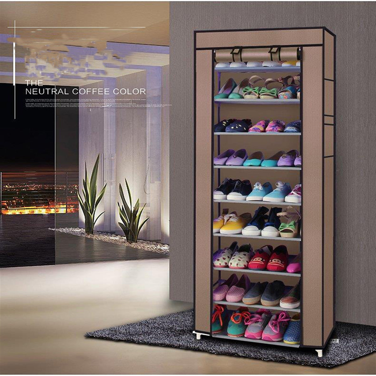 HAOYYE 9-Lattice Non-Woven Fabric Shoe Rack, Durable Space-Saving Storage Organizer, Modern Design, Stylish and Compact Coffee Finish, Home Essentials for Living Room, Bedroom, Closet, or Entryway Organization