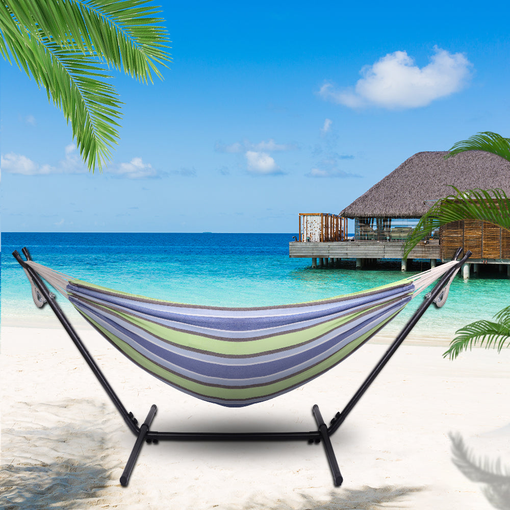 Haoyye Portable Outdoor Polyester Hammock Set with Stand and Carry Bag Lightweight Foldable Hanging Bed for Patio Backyard Porch Garden Camping Travel Relaxing and Lounging Hammock for Indoor Outdoor Use