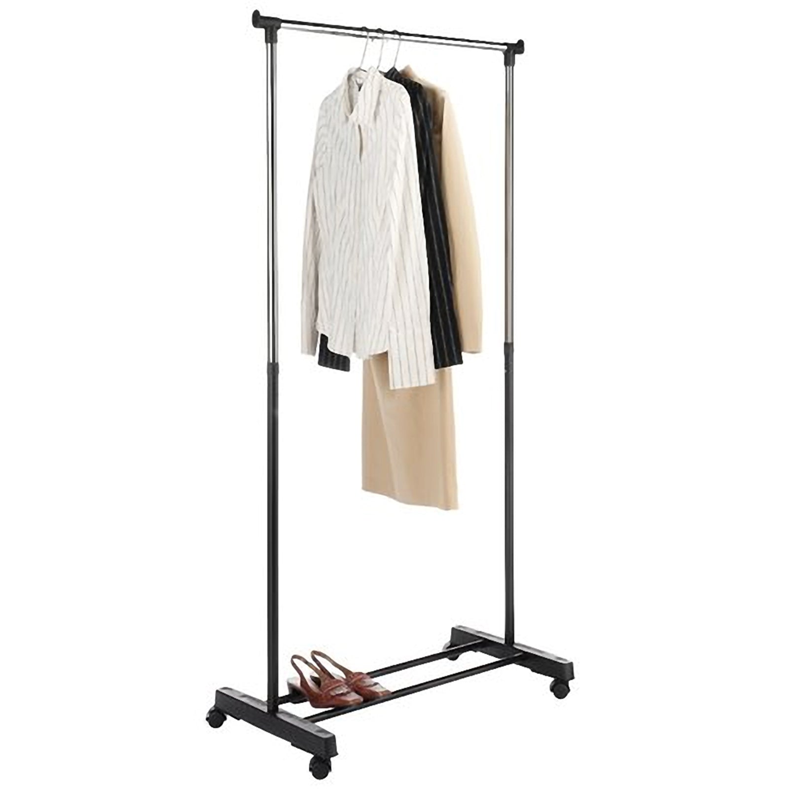 HAOYYE Single-Bar Vertical and Horizontal Stretching Stand Clothes Rack with Shoe Shelf, Black and Silver, Durable Space-Saving Organizer, Modern Design, Versatile Storage Solution for Home and Bedroom, Premium Quality Construction