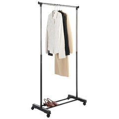HAOYYE Single-Bar Vertical and Horizontal Stretching Stand Clothes Rack with Shoe Shelf, Black and Silver, Durable Space-Saving Organizer, Modern Design, Versatile Storage Solution for Home and Bedroom, Premium Quality Construction