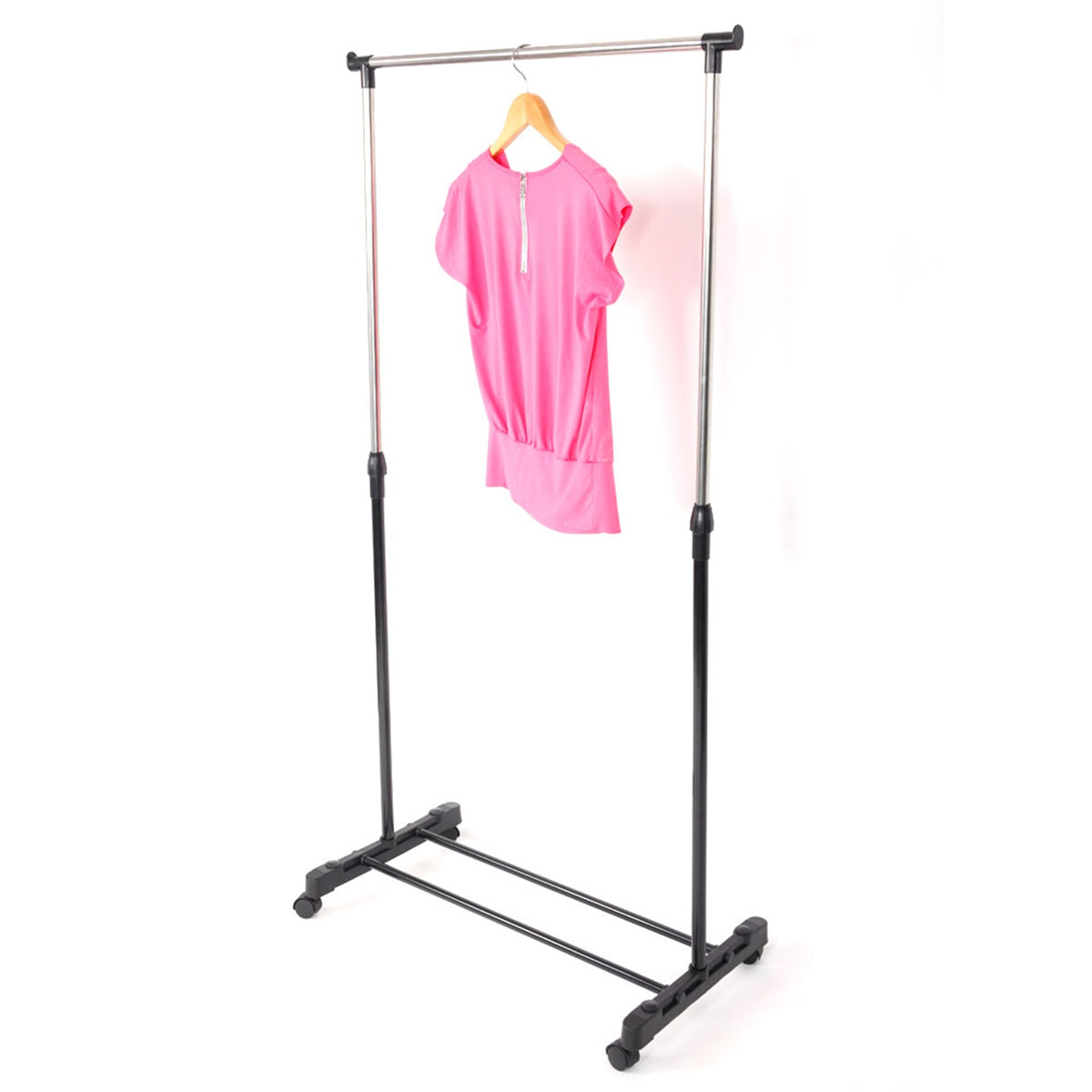 HAOYYE Single-Bar Vertical and Horizontal Stretching Stand Clothes Rack with Shoe Shelf, Black and Silver, Durable Space-Saving Organizer, Modern Design, Versatile Storage Solution for Home and Bedroom, Premium Quality Construction
