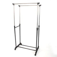 HAOYYE Dual-Bar Adjustable Clothes Rack with Shoe Shelf, Black & Silver, Durable Space-Saving Organizer for Closet and Bedroom, Vertical & Horizontal Stretching Design, Premium Quality, Stylish Modern Look, Versatile Use, Sturdy Construction