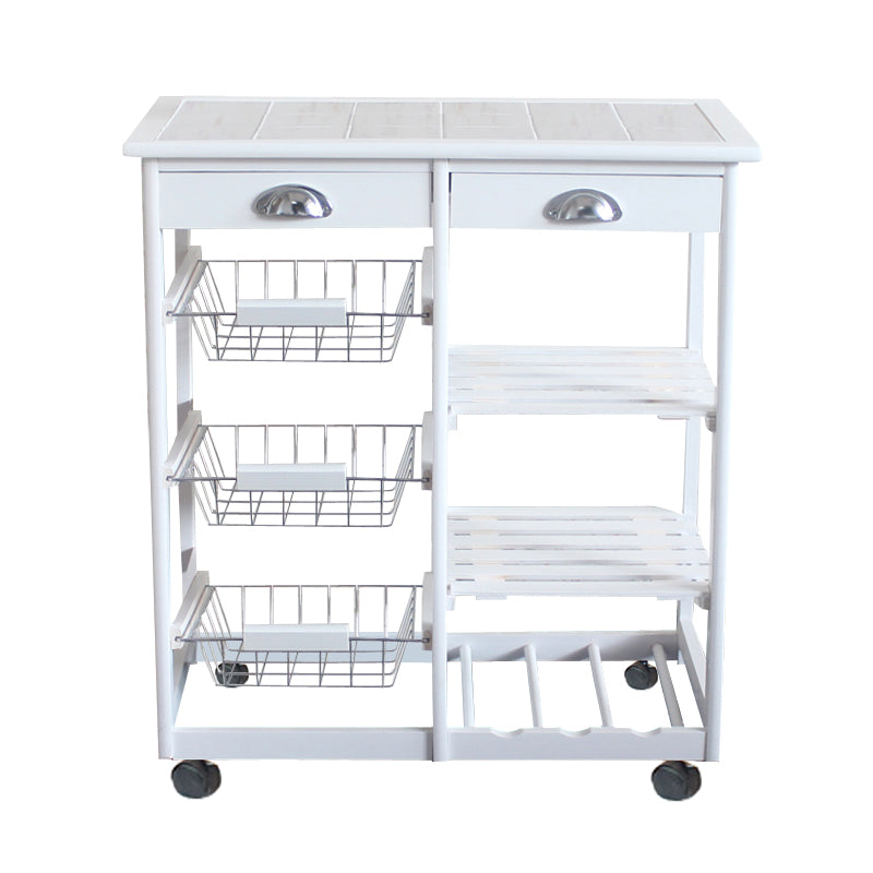 HAOYYE Rolling Kitchen Island Cart with Drawers, Baskets & Shelves, White Wooden Serving Cart with Stainless Steel Handles, Mobile Kitchen Storage Organizer for Dining Room, Durable Modern Kitchen Trolley with Wine Rack, Easy-Access Storage Space