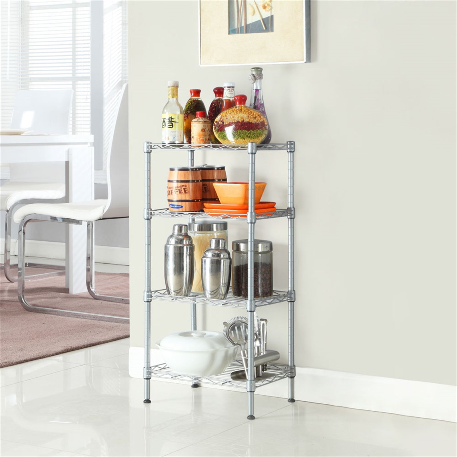 HAOYYE Rectangle Carbon Steel Storage Rack with 4 Adjustable Shelves, Silver Gray, Durable Space-Saving Organizer, Modern Design Versatile Use, Premium Quality Stylish Look, for Kitchen, Pantry, Garage, and Office Storage