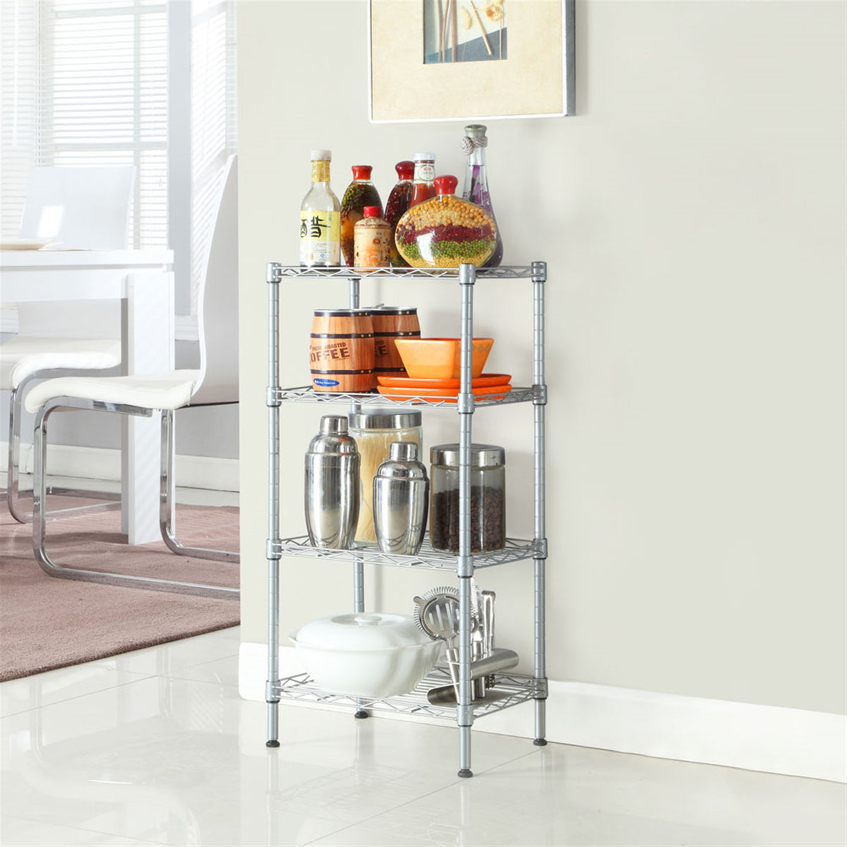 HAOYYE Rectangle Carbon Steel Storage Rack with 4 Adjustable Shelves, Silver Gray, Durable Space-Saving Organizer, Modern Design Versatile Use, Premium Quality Stylish Look, for Kitchen, Pantry, Garage, and Office Storage