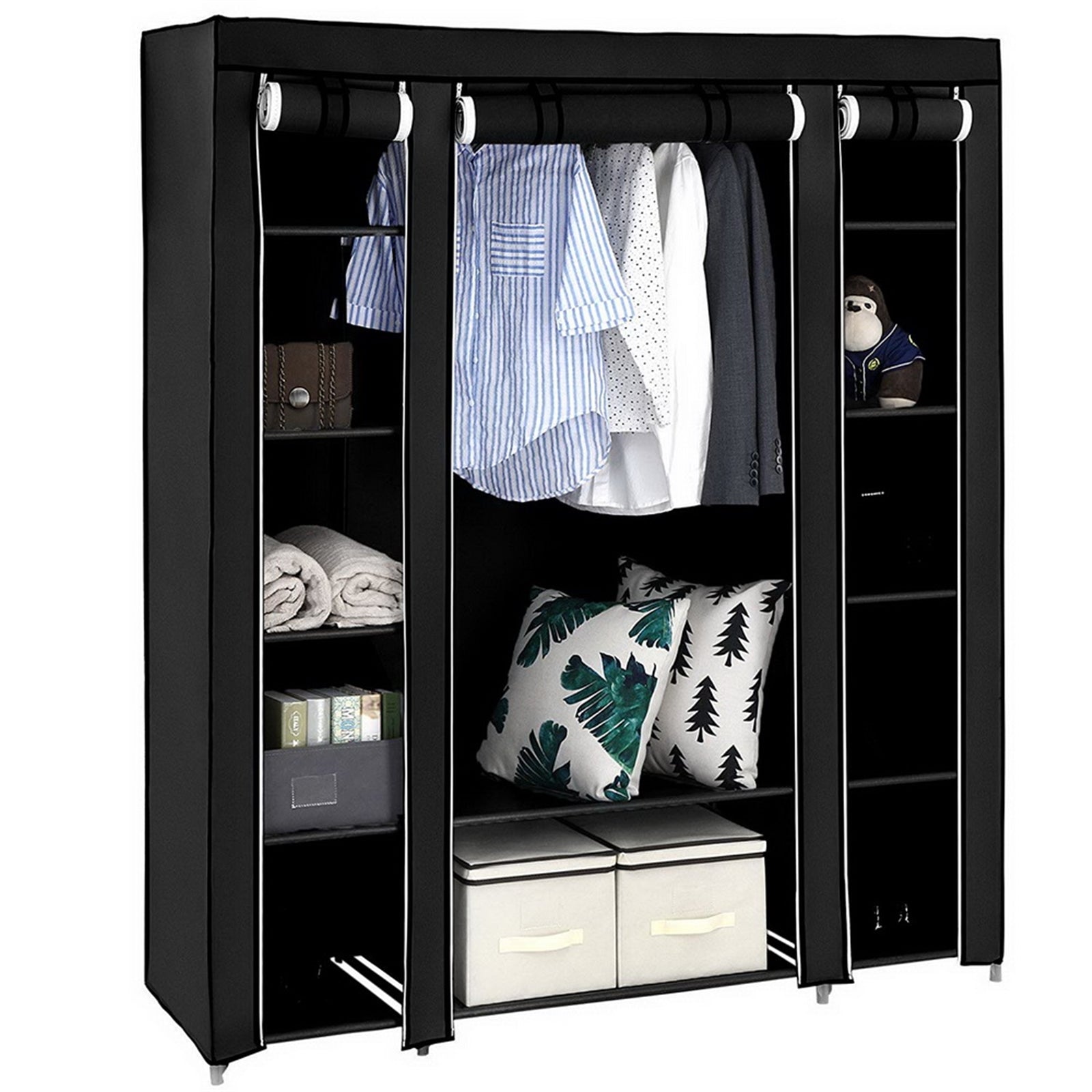 DE Direct HAOYYE Portable Clothes Closet Wardrobe Storage Organizer with Non-Woven Fabric Cover Strong Steel Frame and 12 Shelves Freestanding Garment Rack Dustproof and Waterproof Fabric Quick and Easy Assembly for Bedroom Entryway Black