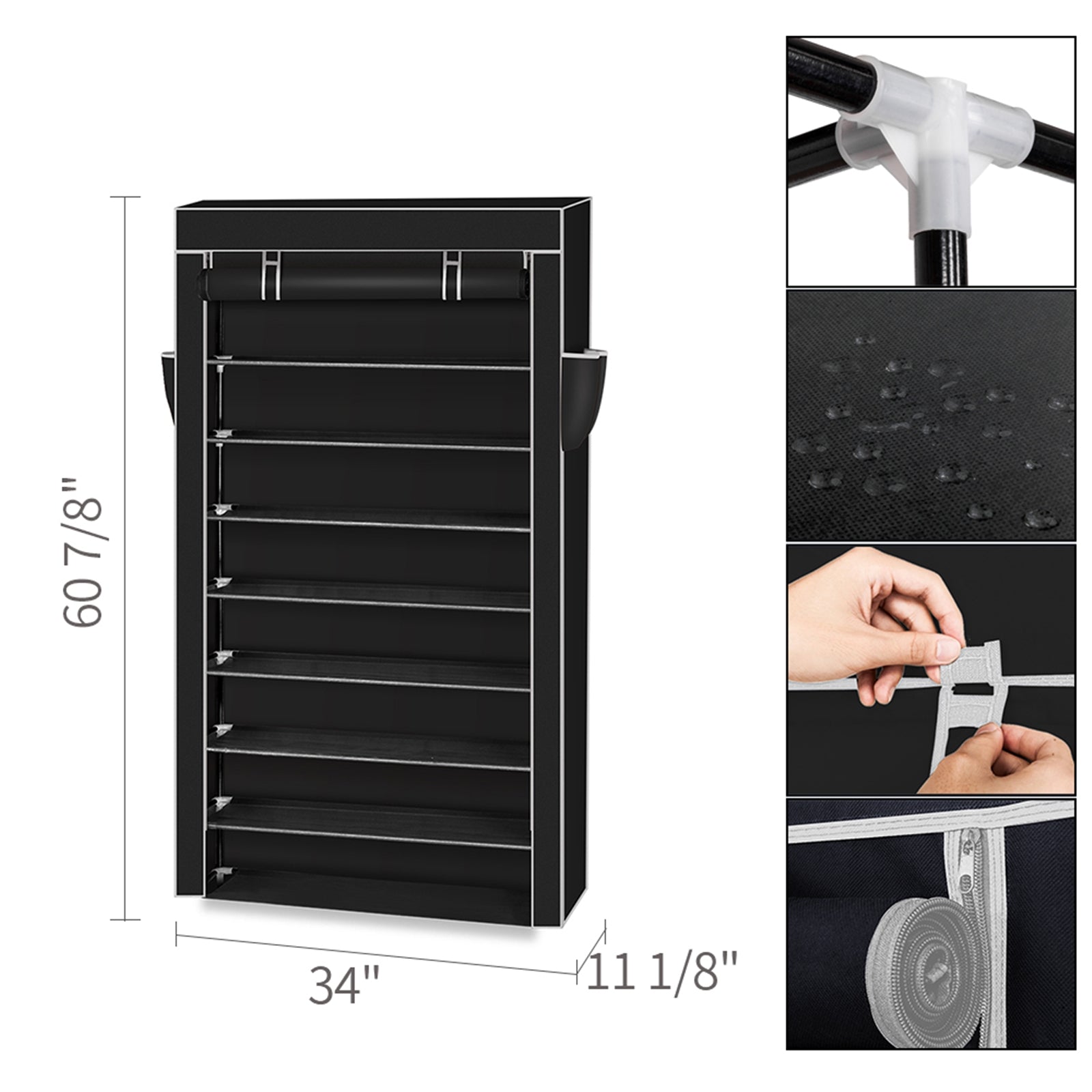 HAOYYE 10-Tier Shoe Rack with Dustproof Cover, Closet Shoe Storage Cabinet Organizer, Black, Durable Space-Saving Solution, Modern Design, Versatile Use, Premium Quality, Stylish Look for Home, Bedroom, Entryway, and Closet Storage