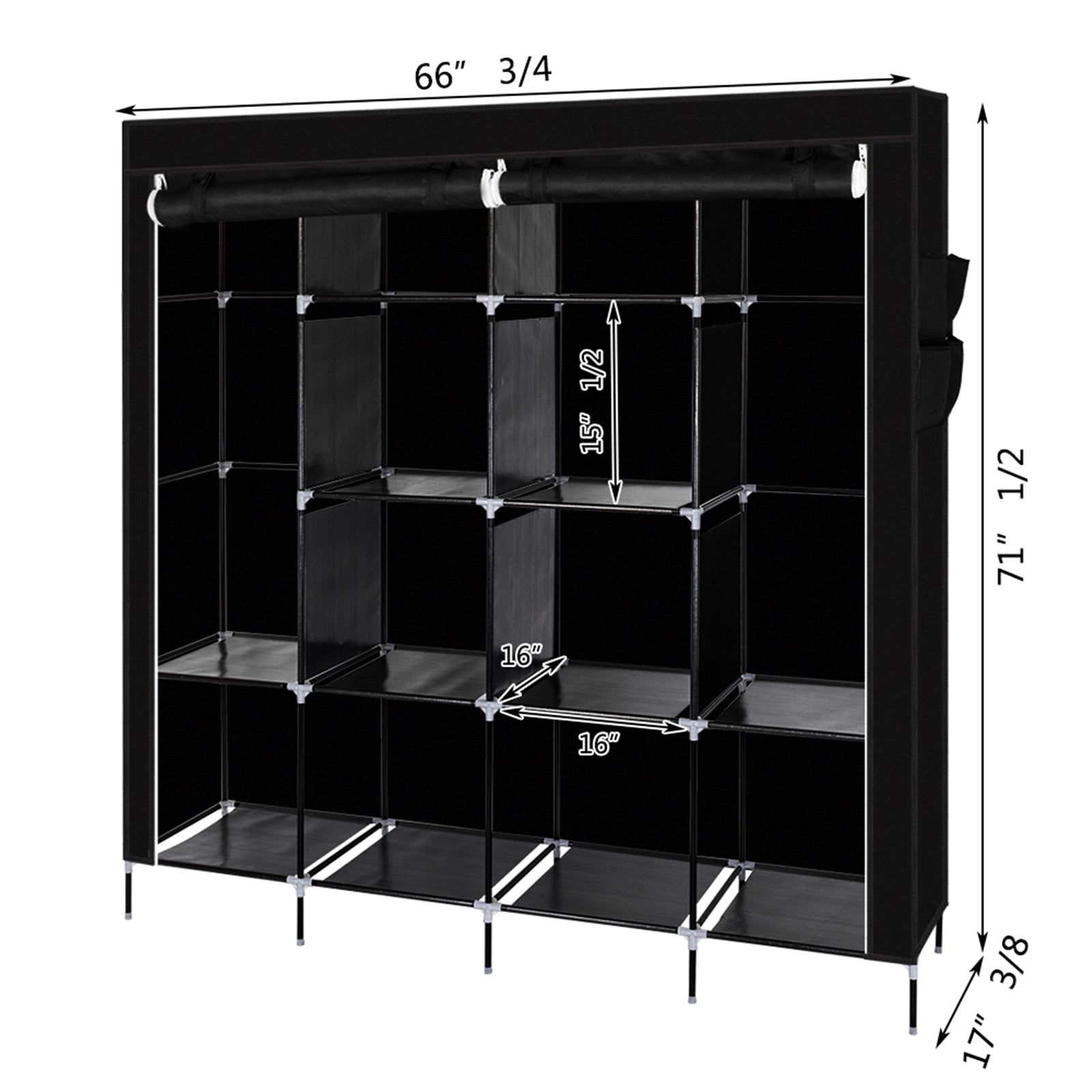 HAOYYE Portable Clothes Closet Wardrobe With 12 Shelves And 4 Side Pockets, Black Non-Woven Fabric Storage Organizer, Durable And Space-Saving Design, Modern Wardrobe For Bedroom, Versatile Use For Clothes And Accessories, Premium Quality And Stylish Look