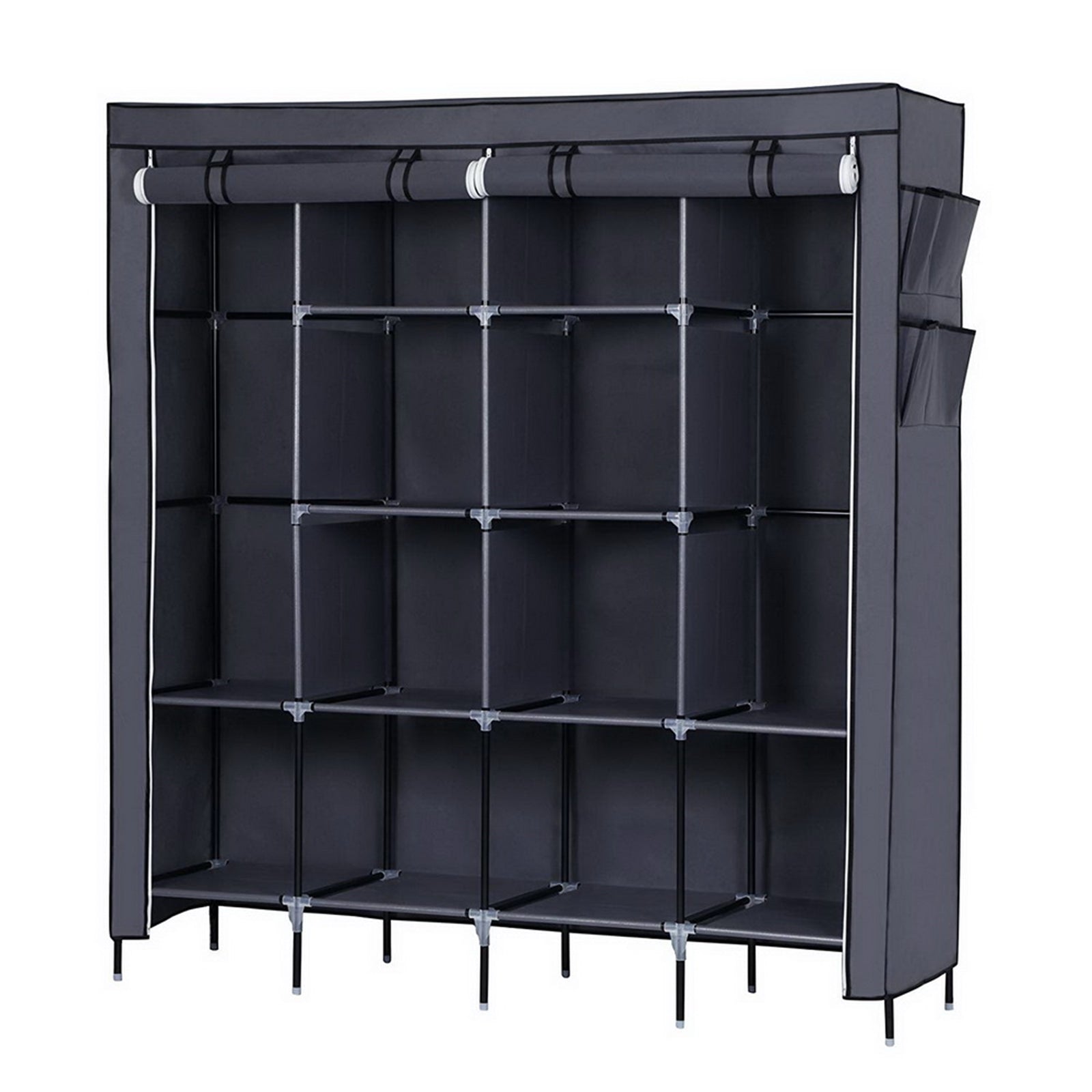 DE Direct HAOYYE Portable Clothes Closet Wardrobe with 12 Storage Shelves and 4 Side Pockets for Bedroom Entryway Garage Fabric Clothes Organizer with Zippered Cover Dustproof Freestanding Clothes Storage Rack