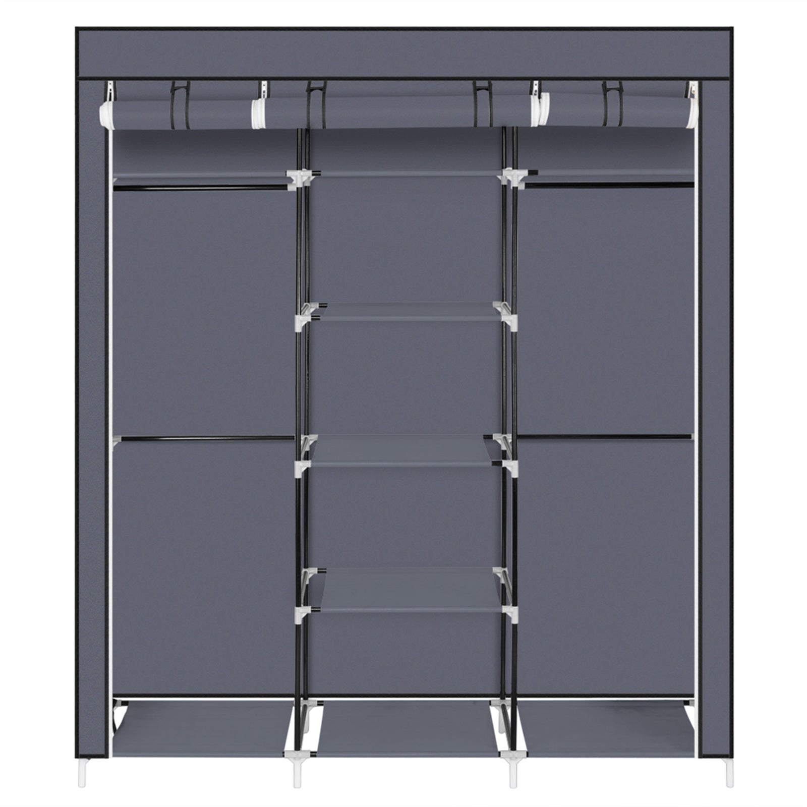 DE Direct HAOYYE Portable Clothes Closet Wardrobe with Double Hanging Rods and Shelves Non-Woven Fabric Storage Organizer for Bedroom Apartment Entryway Walk-In Closet Easy to Assemble Space-Saving Dustproof Design in Gray