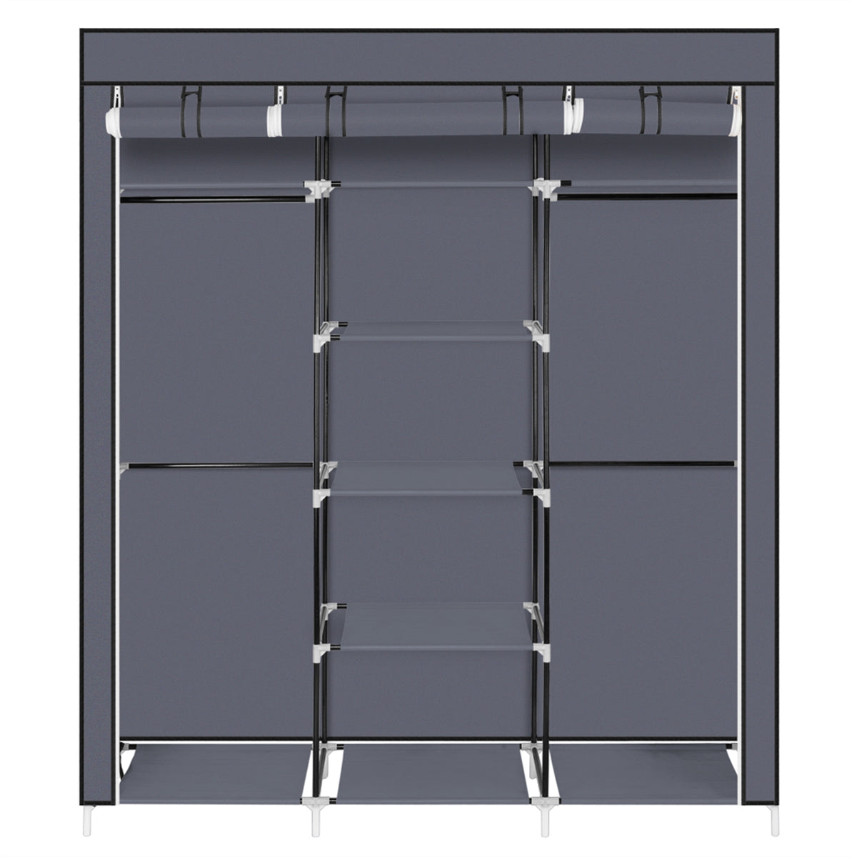 DE Direct HAOYYE Portable Clothes Closet Wardrobe with Double Hanging Rods and Shelves Non-Woven Fabric Storage Organizer for Bedroom Apartment Entryway Walk-In Closet Easy to Assemble Space-Saving Dustproof Design in Gray