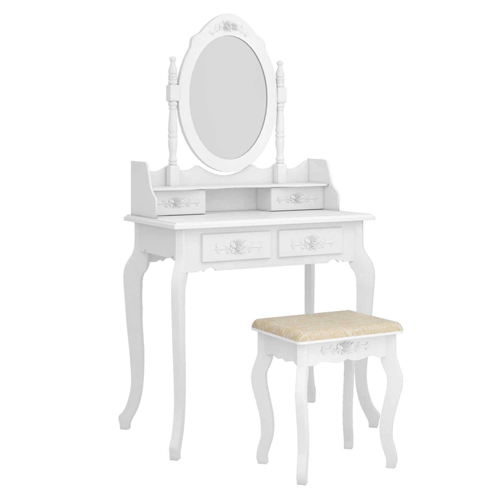 HAOYYE Modern Concise 4-Drawer Dresser with 360-Degree Rotating Removable Mirror, White Makeup Vanity Table with Ample Storage, Stylish and Versatile Storage Cabinet for Bedroom, Living Room, or Dressing Room, Durable MDF and Wood Construction