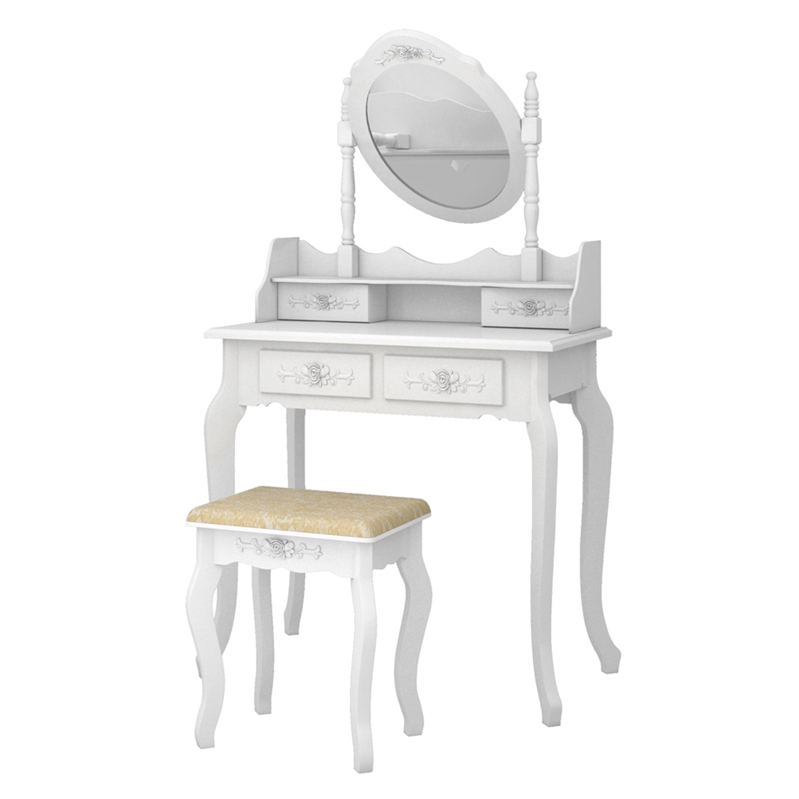 HAOYYE Modern Concise 4-Drawer Dresser with 360-Degree Rotating Removable Mirror, White Makeup Vanity Table with Ample Storage, Stylish and Versatile Storage Cabinet for Bedroom, Living Room, or Dressing Room, Durable MDF and Wood Construction