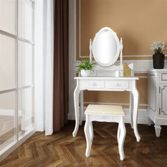 HAOYYE Modern Concise 4-Drawer Dresser with 360-Degree Rotating Removable Mirror, White Makeup Vanity Table with Ample Storage, Stylish and Versatile Storage Cabinet for Bedroom, Living Room, or Dressing Room, Durable MDF and Wood Construction