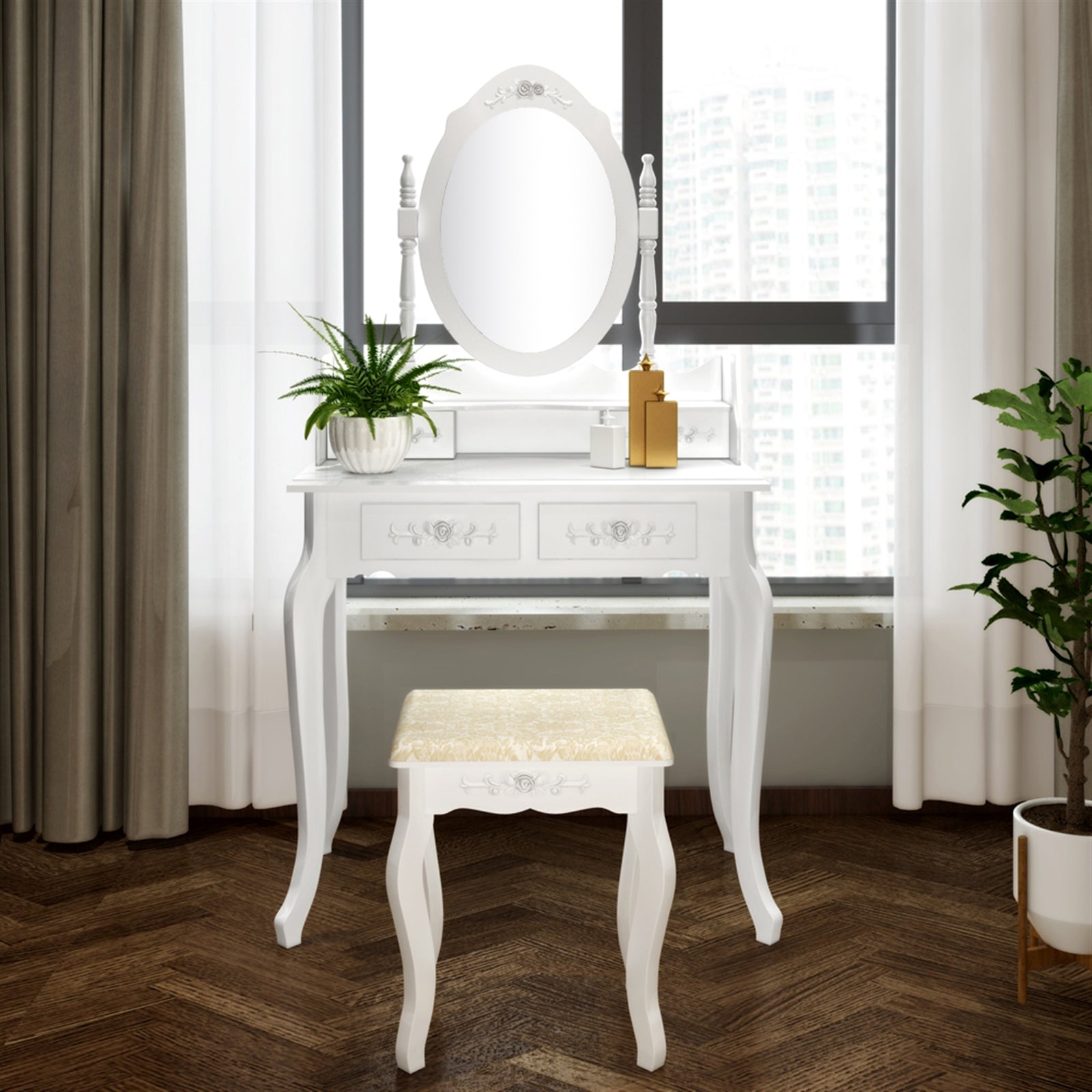 HAOYYE Modern Concise 4-Drawer Dresser with 360-Degree Rotating Removable Mirror, White Makeup Vanity Table with Ample Storage, Stylish and Versatile Storage Cabinet for Bedroom, Living Room, or Dressing Room, Durable MDF and Wood Construction