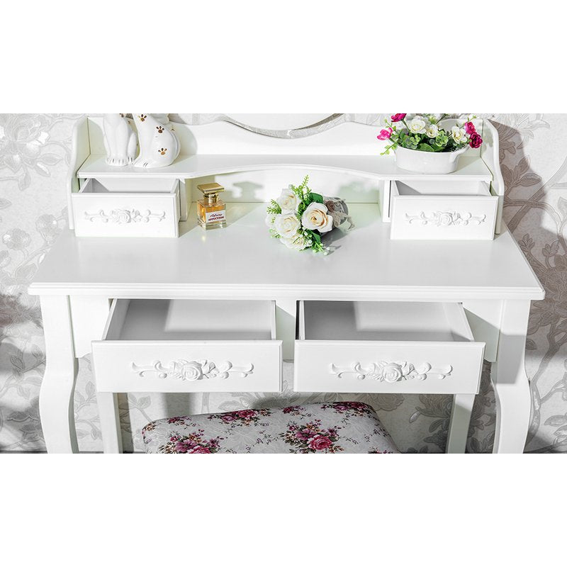 HAOYYE Modern Concise 4-Drawer Dresser with 360-Degree Rotating Removable Mirror, White Makeup Vanity Table with Ample Storage, Stylish and Versatile Storage Cabinet for Bedroom, Living Room, or Dressing Room, Durable MDF and Wood Construction