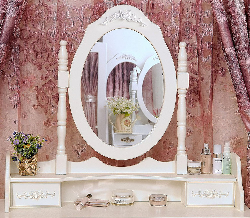 HAOYYE Modern Concise 4-Drawer Dresser with 360-Degree Rotating Removable Mirror, White Makeup Vanity Table with Ample Storage, Stylish and Versatile Storage Cabinet for Bedroom, Living Room, or Dressing Room, Durable MDF and Wood Construction
