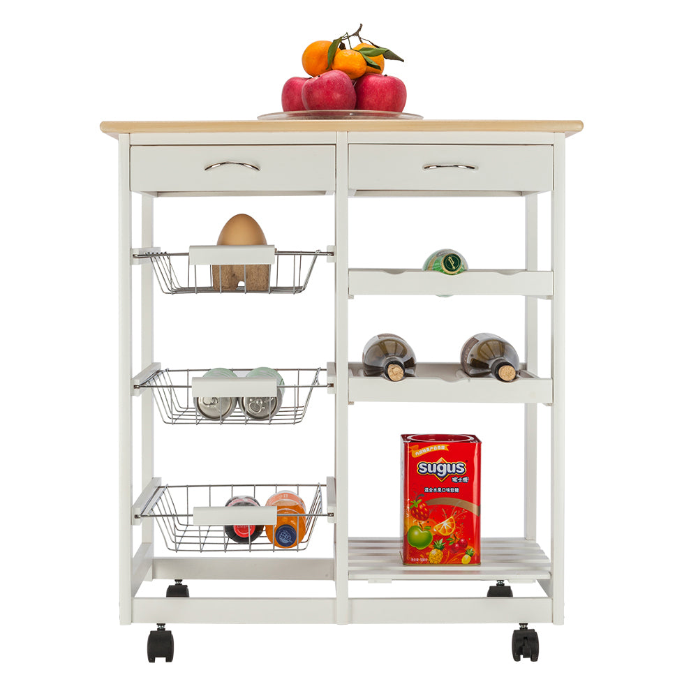HAOYYE Moveable Kitchen Island Cart with Two Drawers, Three Metal Baskets, and Two Wine Racks, Sturdy Durable Rolling Storage Cart with White Pine Frame, Easy Assembly, Space-Saving, Ideal for Home Kitchens or Dining Rooms