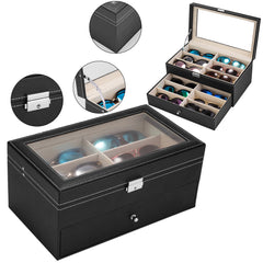 HAOYYE Leather 12-Piece Eyeglasses Storage and Sunglass Display Drawer, Lockable Case Organizer, Black, Premium Quality, Soft Cozy Warm Flannel Fleece Interior, Luxury Comfortable Unique Design, Ideal for Home Decor, Glasses Protection, and Organization