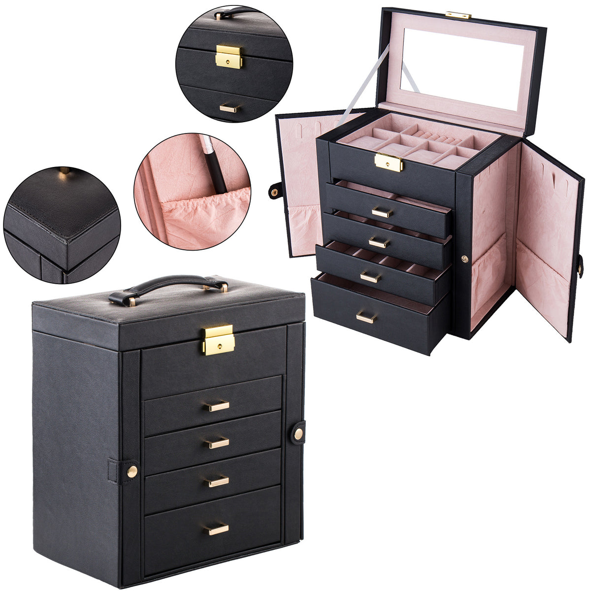 HAOYYE Black Synthetic Leather Jewelry Box – Large Mirrored Watch Organizer With Necklace, Ring, And Earring Storage – Lockable Case With Soft Velvet Lining, Elegant Home Décor, Luxury Design, Perfect Gift For Women
