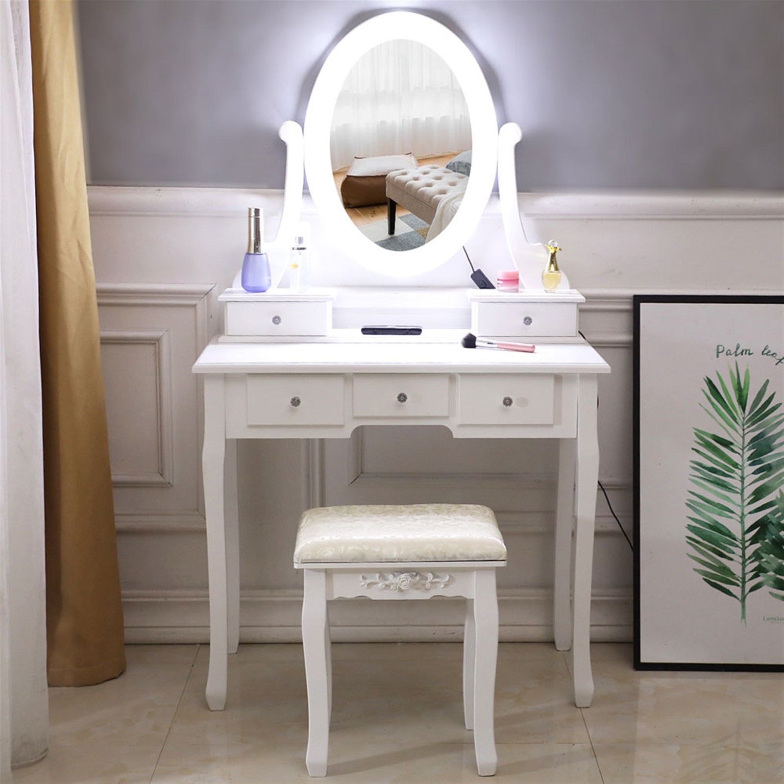 HAOYYE White Vanity Desk with Light Bulb Mirror and 5 Drawers, Modern Makeup Dressing Table with Storage Space, Stylish and Functional Design for Bedroom or Dressing Room, Easy to Assemble