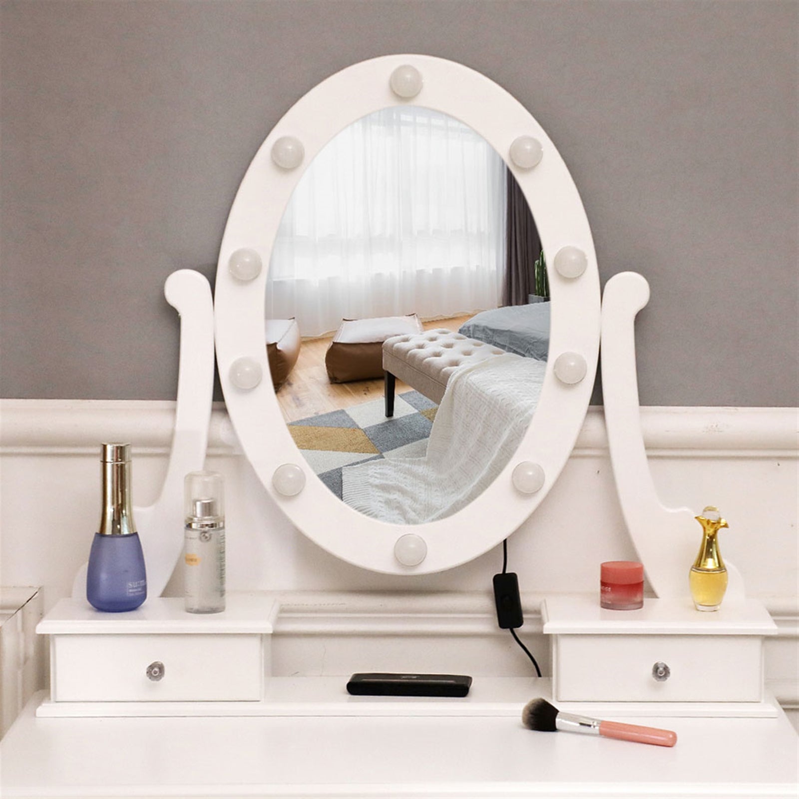 HAOYYE White Vanity Desk with Light Bulb Mirror and 5 Drawers, Modern Makeup Dressing Table with Storage Space, Stylish and Functional Design for Bedroom or Dressing Room, Easy to Assemble