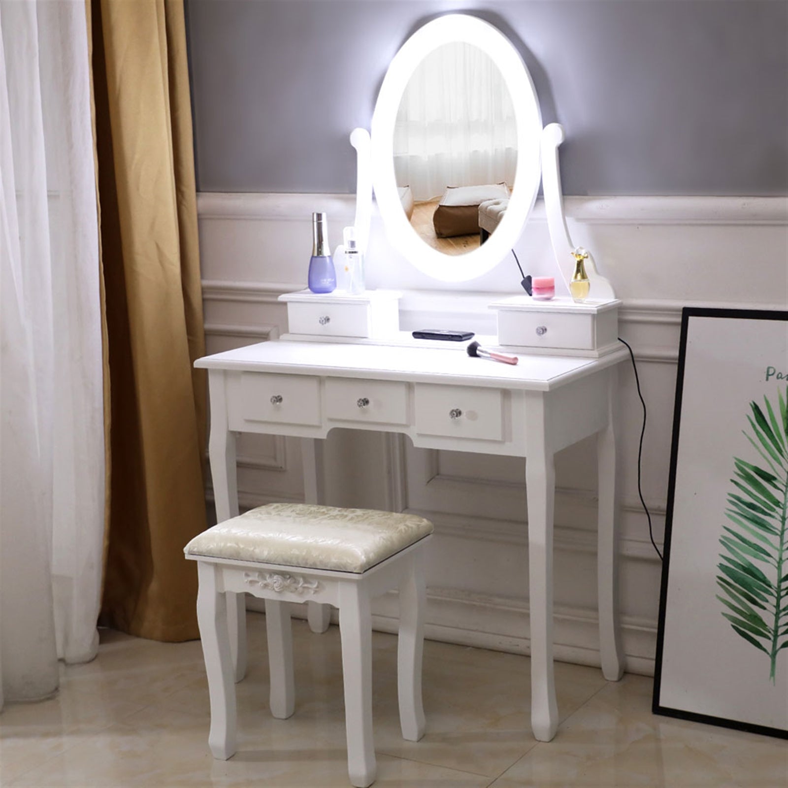 HAOYYE White Vanity Desk with Light Bulb Mirror and 5 Drawers, Modern Makeup Dressing Table with Storage Space, Stylish and Functional Design for Bedroom or Dressing Room, Easy to Assemble