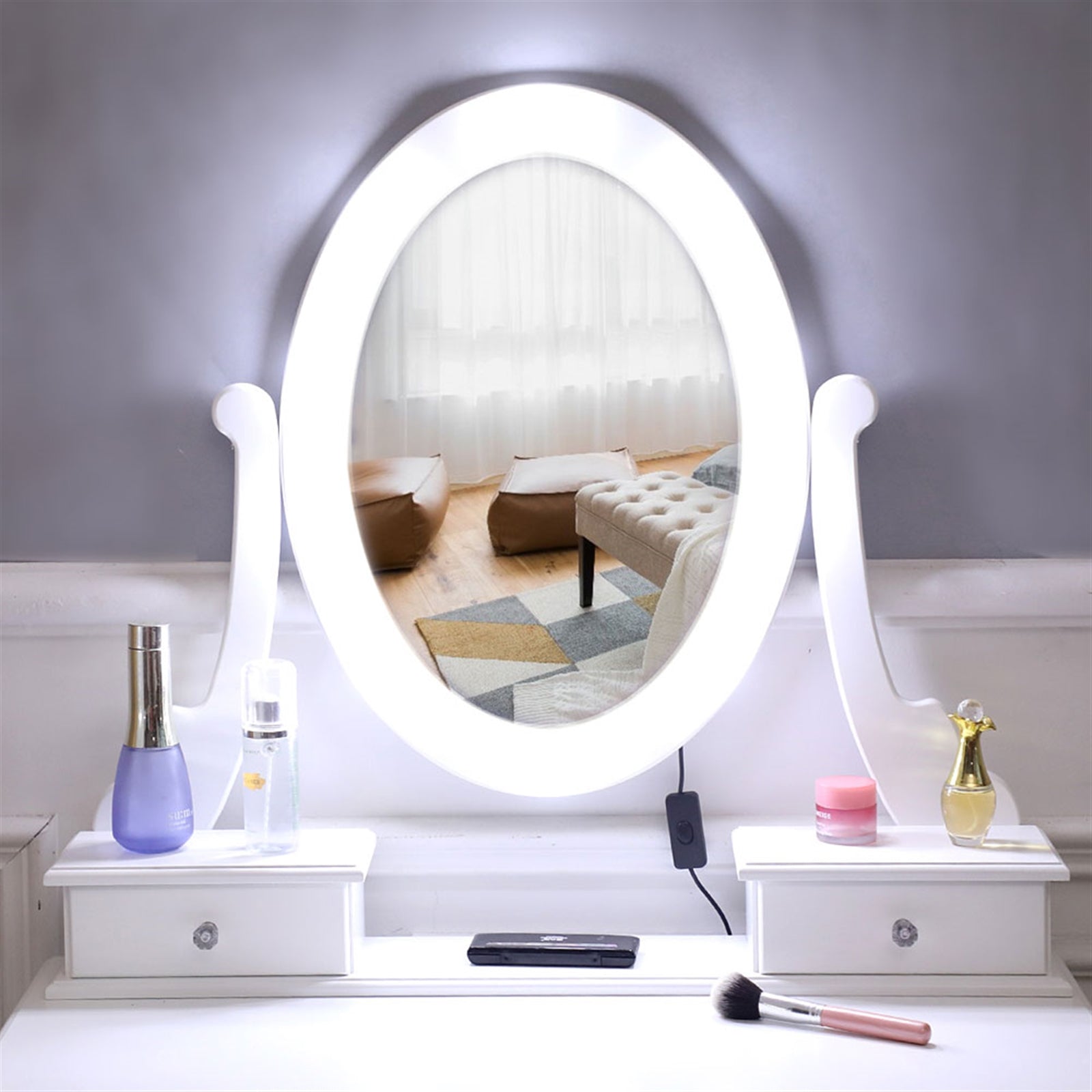 HAOYYE White Vanity Desk with Light Bulb Mirror and 5 Drawers, Modern Makeup Dressing Table with Storage Space, Stylish and Functional Design for Bedroom or Dressing Room, Easy to Assemble