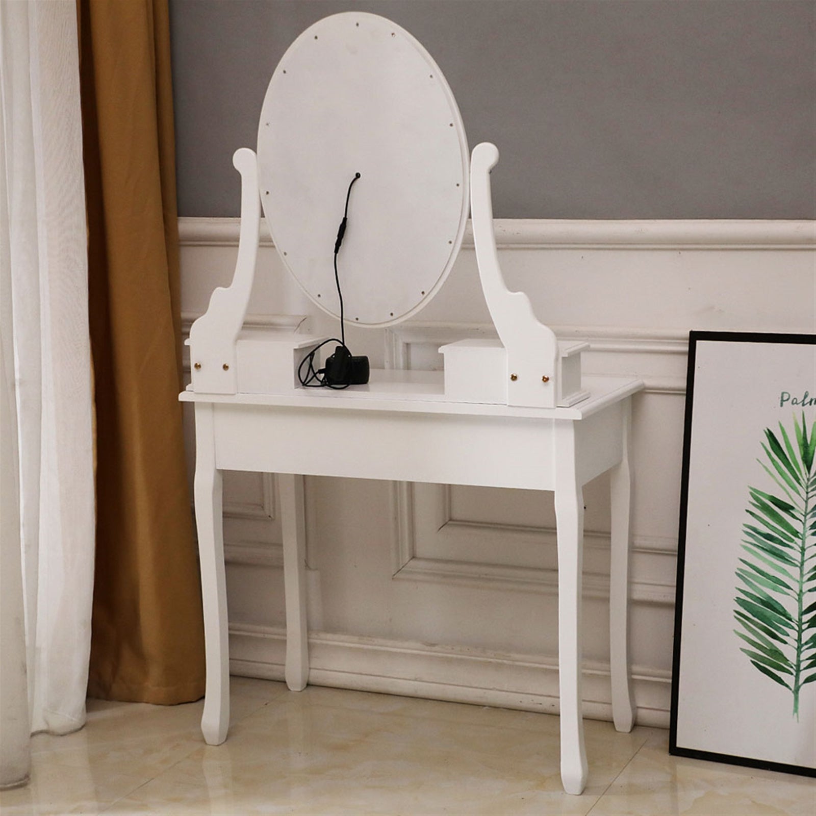 HAOYYE White Vanity Desk with Light Bulb Mirror and 5 Drawers, Modern Makeup Dressing Table with Storage Space, Stylish and Functional Design for Bedroom or Dressing Room, Easy to Assemble