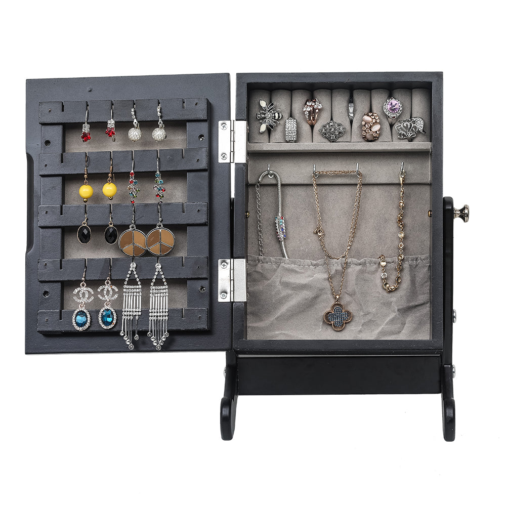 HAOYYE Small Black Mirror Jewelry Cabinet Organizer Armoire with Stand Countertop Storage Box for Rings Necklaces Earrings Makeup and Accessories Compact and Stylish Space-Saving Design for Bedroom or Vanity Table