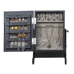 HAOYYE Small Black Mirror Jewelry Cabinet Organizer Armoire with Stand Countertop Storage Box for Rings Necklaces Earrings Makeup and Accessories Compact and Stylish Space-Saving Design for Bedroom or Vanity Table