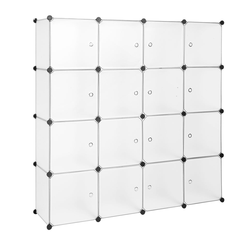 HAOYYE Modular Closet Organizer Plastic Cabinet, 16 Cube Shelving With Doors, DIY Bookcase System, White Sturdy Design, Durable Multipurpose Storage Solution, Modern And Stylish