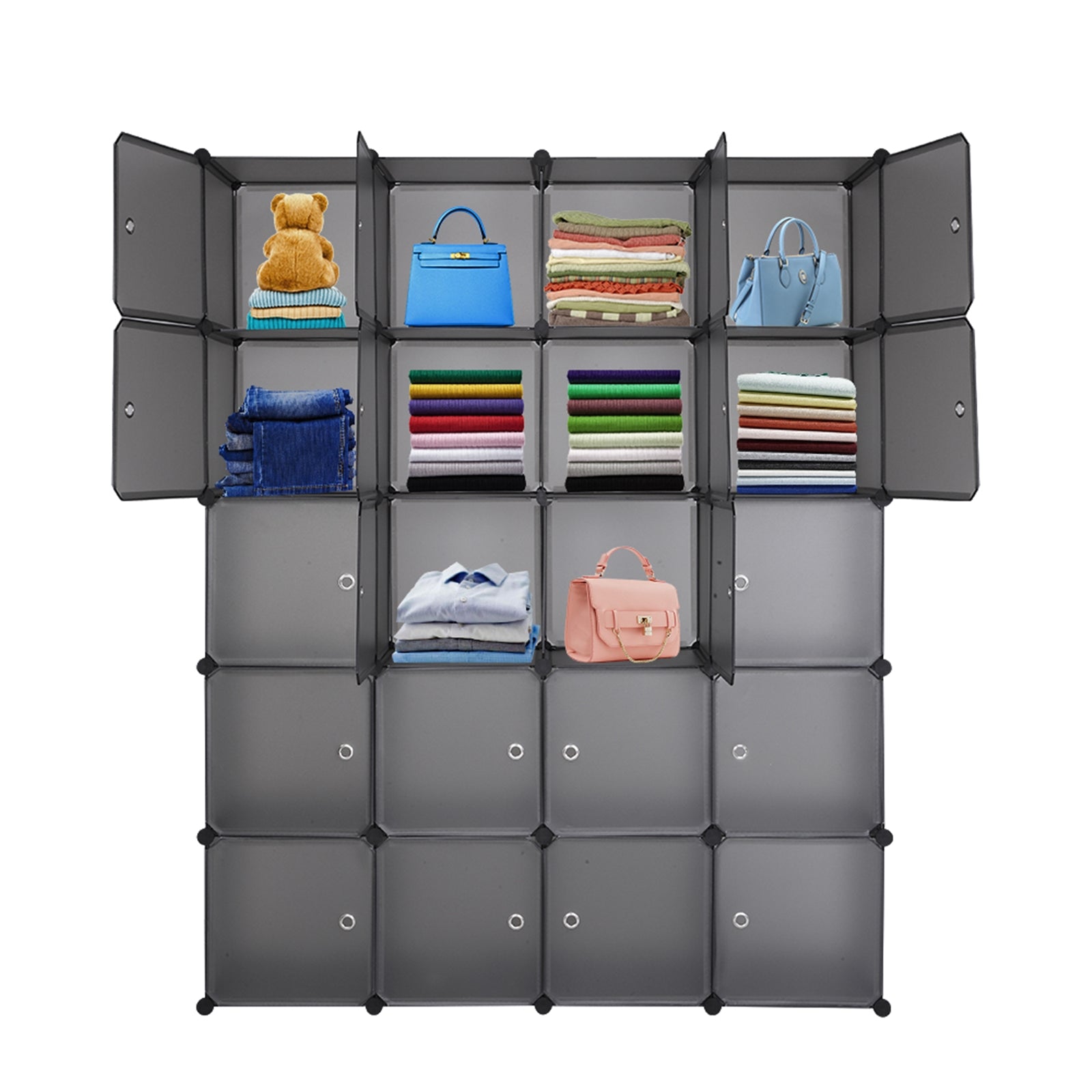 HAOYYE 20 Cube Modular Closet Organizer, Stackable Plastic Cube Shelving Unit with Hanging Rod, Gray Durable Multi-Purpose Storage Cabinet for Clothes, Shoes, Accessories, Entryway, Bedroom, Sturdy Design, Space-Saving Home Organization Solution