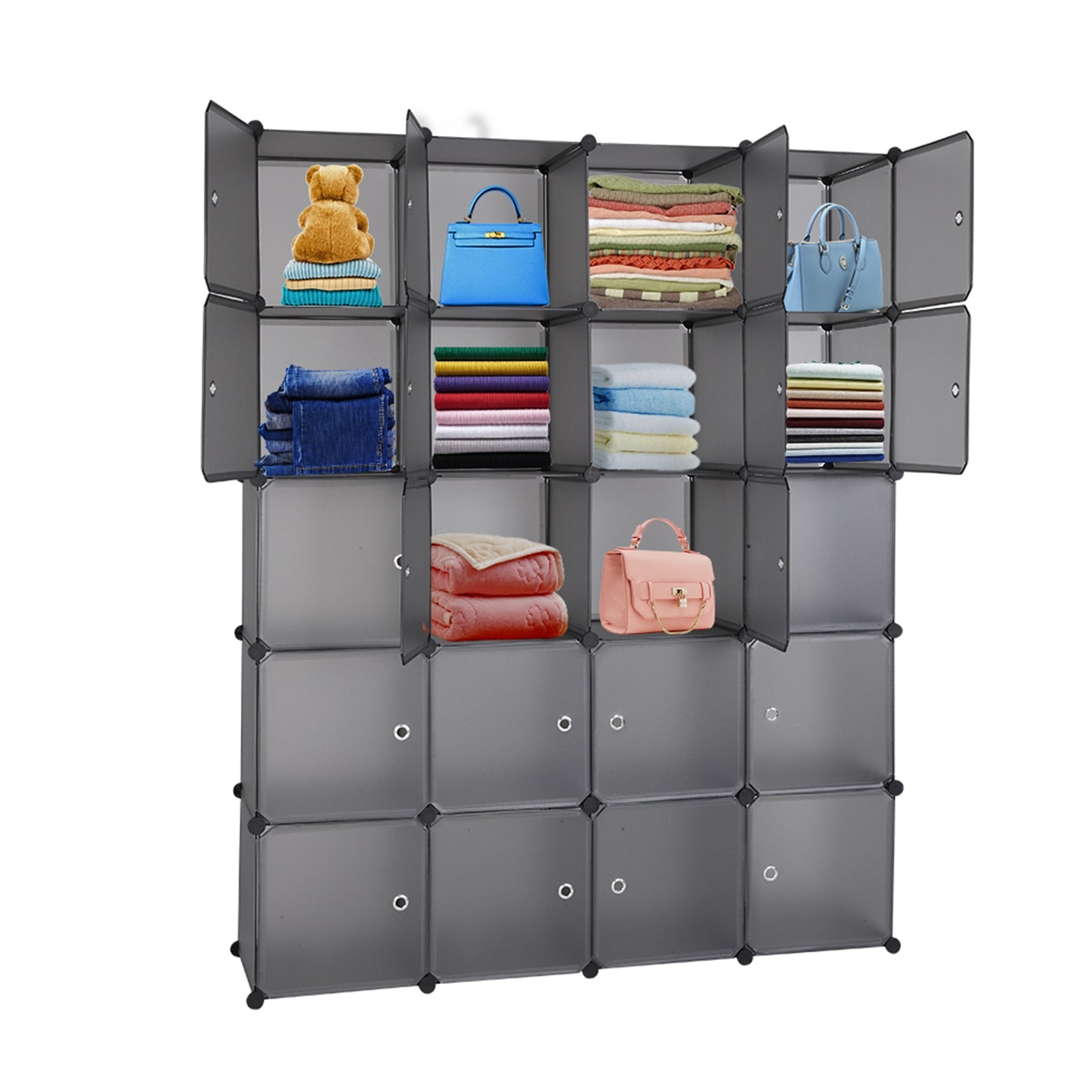 HAOYYE 20 Cube Modular Closet Organizer, Stackable Plastic Cube Shelving Unit with Hanging Rod, Gray Durable Multi-Purpose Storage Cabinet for Clothes, Shoes, Accessories, Entryway, Bedroom, Sturdy Design, Space-Saving Home Organization Solution