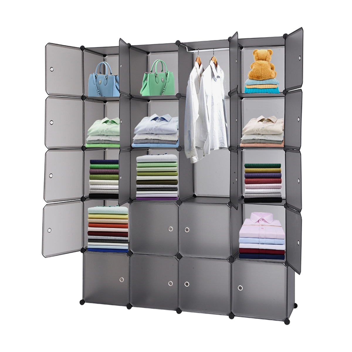 HAOYYE 20 Cube Modular Closet Organizer, Stackable Plastic Cube Shelving Unit with Hanging Rod, Gray Durable Multi-Purpose Storage Cabinet for Clothes, Shoes, Accessories, Entryway, Bedroom, Sturdy Design, Space-Saving Home Organization Solution