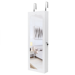 HAOYYE Wall Mounted Jewelry Cabinet with Mirror and Blue LED Lights, 4-Layer Storage Shelves and 6 Drawers, White Wooden Lockable Jewelry Organizer Armoire with Elegant Design