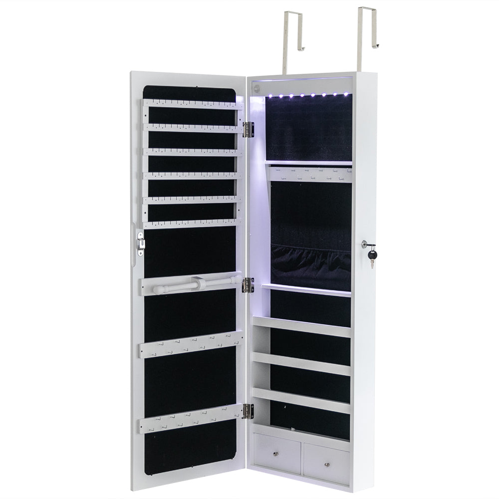 HAOYYE Wooden Wall Mounted Jewelry Storage Cabinet White Durable Design Sturdy Multifunctional Organizer with 4 Layers, 2 Drawers, 8 Blue LED Lights, Modern Space-Saving Storage Solution for Home and Bedroom