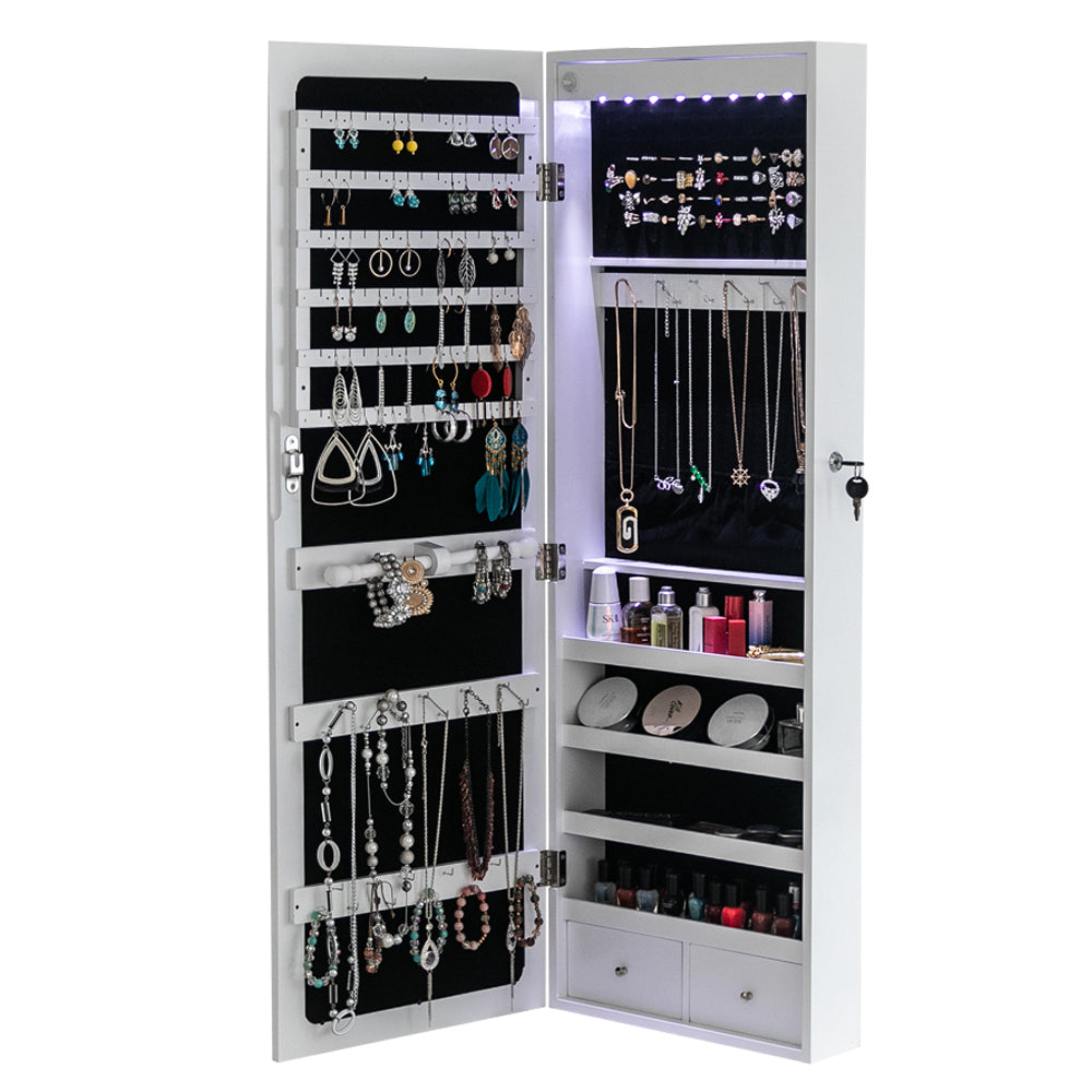 HAOYYE Wooden Wall Mounted Jewelry Storage Cabinet White Durable Design Sturdy Multifunctional Organizer with 4 Layers, 2 Drawers, 8 Blue LED Lights, Modern Space-Saving Storage Solution for Home and Bedroom