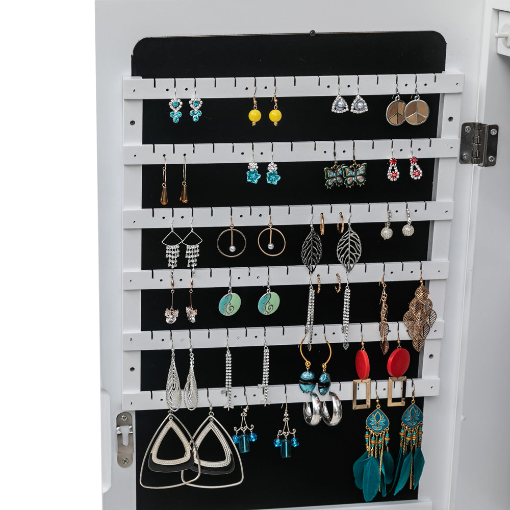 HAOYYE Wooden Wall Mounted Jewelry Storage Cabinet White Durable Design Sturdy Multifunctional Organizer with 4 Layers, 2 Drawers, 8 Blue LED Lights, Modern Space-Saving Storage Solution for Home and Bedroom