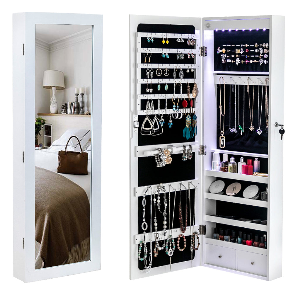 HAOYYE Wooden Wall Mounted Jewelry Storage Cabinet White Durable Design Sturdy Multifunctional Organizer with 4 Layers, 2 Drawers, 8 Blue LED Lights, Modern Space-Saving Storage Solution for Home and Bedroom