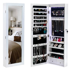 HAOYYE Wooden Wall Mounted Jewelry Storage Cabinet White Durable Design Sturdy Multifunctional Organizer with 4 Layers, 2 Drawers, 8 Blue LED Lights, Modern Space-Saving Storage Solution for Home and Bedroom