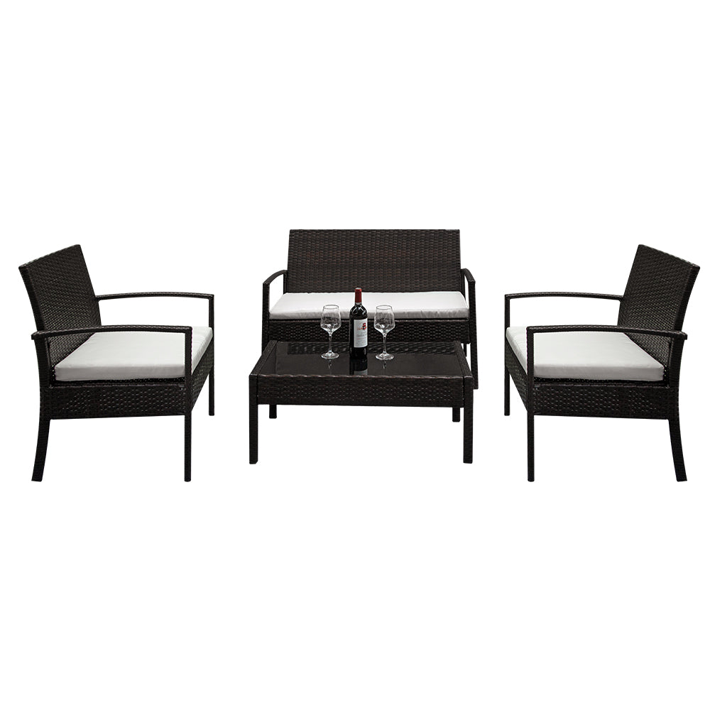HAOYYE 4 Piece Outdoor Patio Rattan Sofa Set with 2 Arm Chairs, 1 Loveseat and Tempered Glass Coffee Table, Brown Gradient Wicker Furniture with Cushions for Garden Balcony Backyard Deck