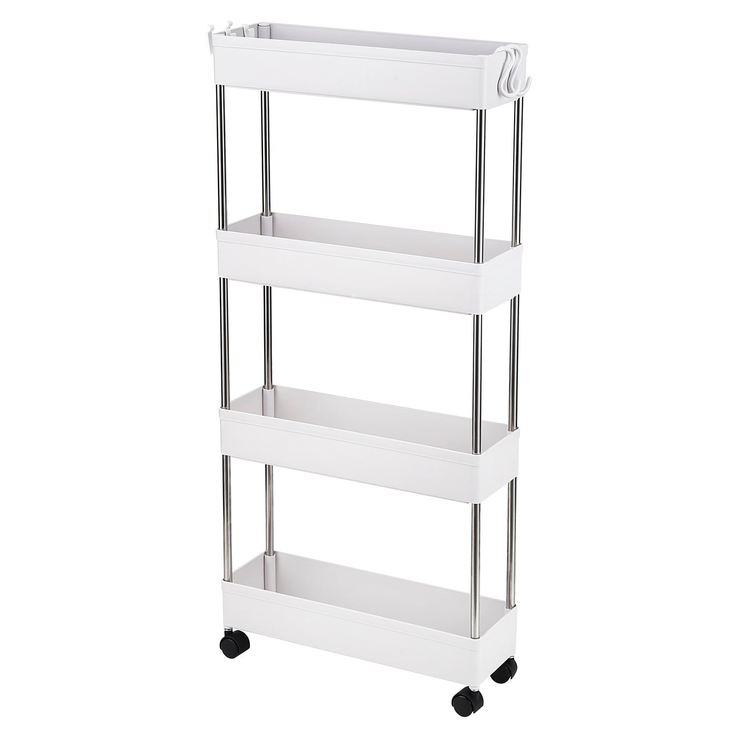 HAOYYE 4 Layer Ultra Thin Mobile Slim Storage Cart White Multi Functional Rolling Organizer with Wheels for Kitchen Bathroom Laundry Room Narrow Spaces Plastic and Stainless Steel Space Saving Design