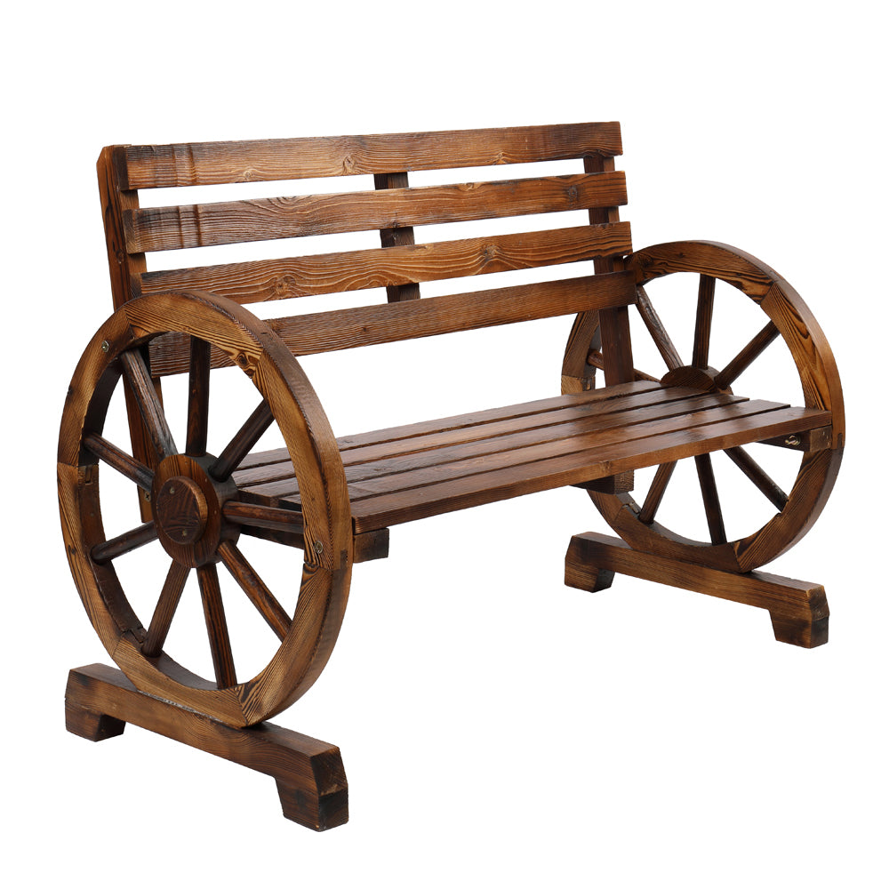 HAOYYE Rustic 2-Person Wooden Wagon Wheel Bench with Slatted Seat and Backrest, Durable Outdoor Bench for Patio, Garden, or Backyard, Comfortable and Stylish, Perfect for Relaxing and Enjoying the Outdoors
