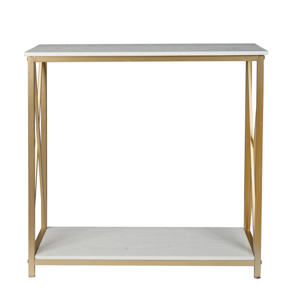 HAOYYE 2-Tier Console Table With White MDF Top And Gold Metal Frame, Modern Nordic-Style Entry Table, Durable And Sturdy Home Organizer, Space-Saving Storage Solution, Stylish And Practical Sofa Table, Perfect For Living Room, Hallway, Or Bedroom Decor