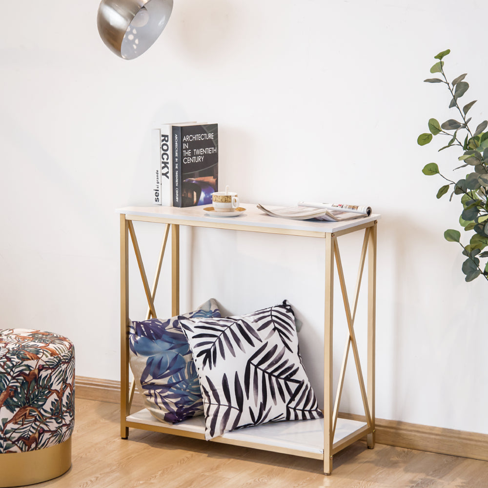 HAOYYE 2-Tier Console Table With White MDF Top And Gold Metal Frame, Modern Nordic-Style Entry Table, Durable And Sturdy Home Organizer, Space-Saving Storage Solution, Stylish And Practical Sofa Table, Perfect For Living Room, Hallway, Or Bedroom Decor