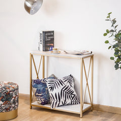 HAOYYE 2-Tier Console Table With White MDF Top And Gold Metal Frame, Modern Nordic-Style Entry Table, Durable And Sturdy Home Organizer, Space-Saving Storage Solution, Stylish And Practical Sofa Table, Perfect For Living Room, Hallway, Or Bedroom Decor