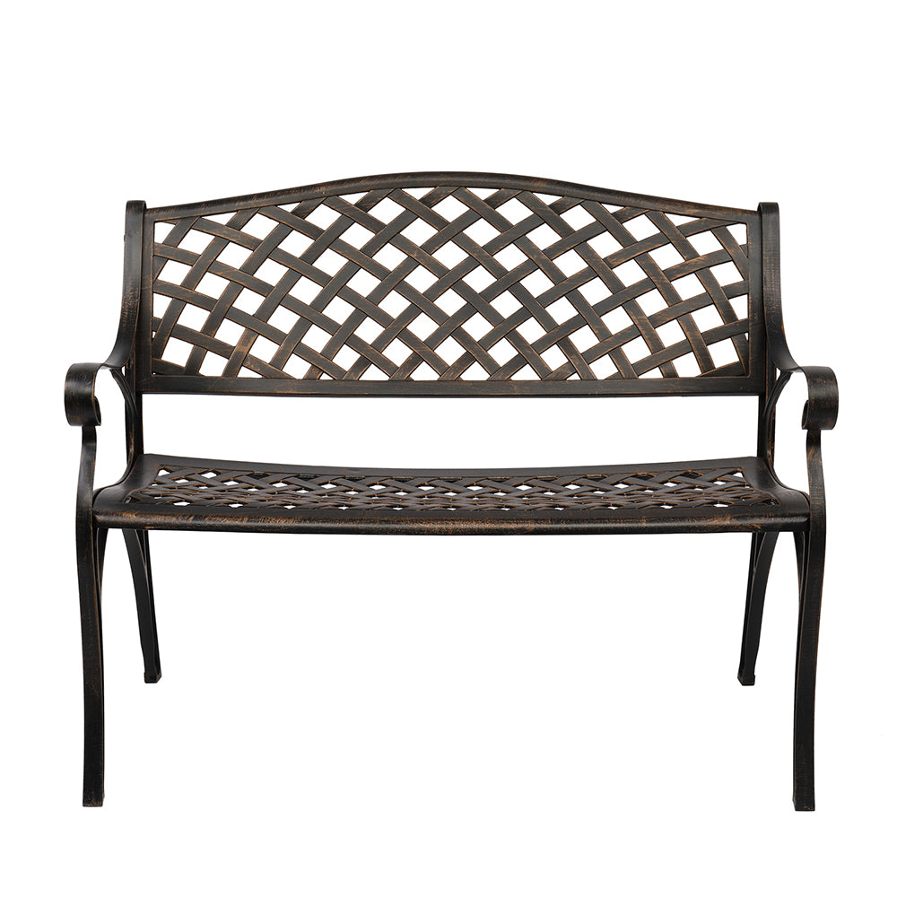 HAOYYE Outdoor Cast Aluminum Bench with Mesh Backrest and Seat Surface, Durable and Elegant Garden Bench for Patio, Porch, Backyard, or Garden, Comfortable and Stylish Seating for Relaxation