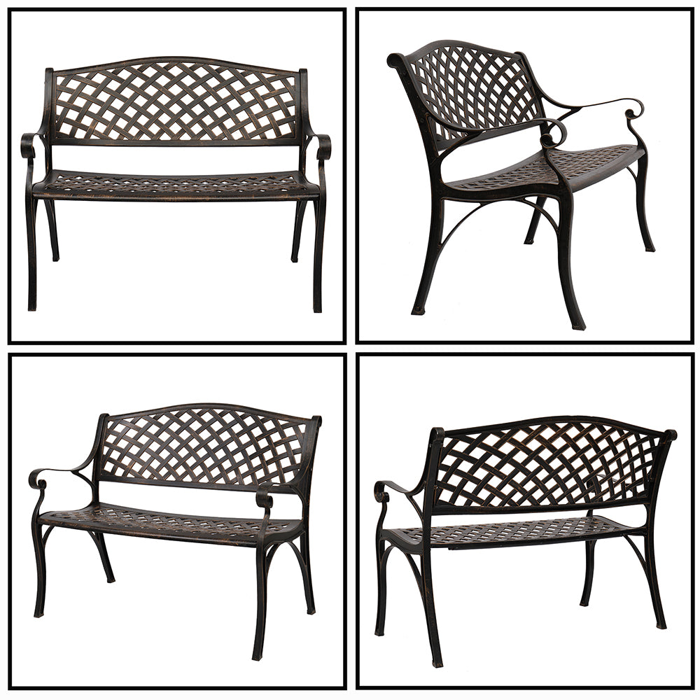 HAOYYE Outdoor Cast Aluminum Bench with Mesh Backrest and Seat Surface, Durable and Elegant Garden Bench for Patio, Porch, Backyard, or Garden, Comfortable and Stylish Seating for Relaxation